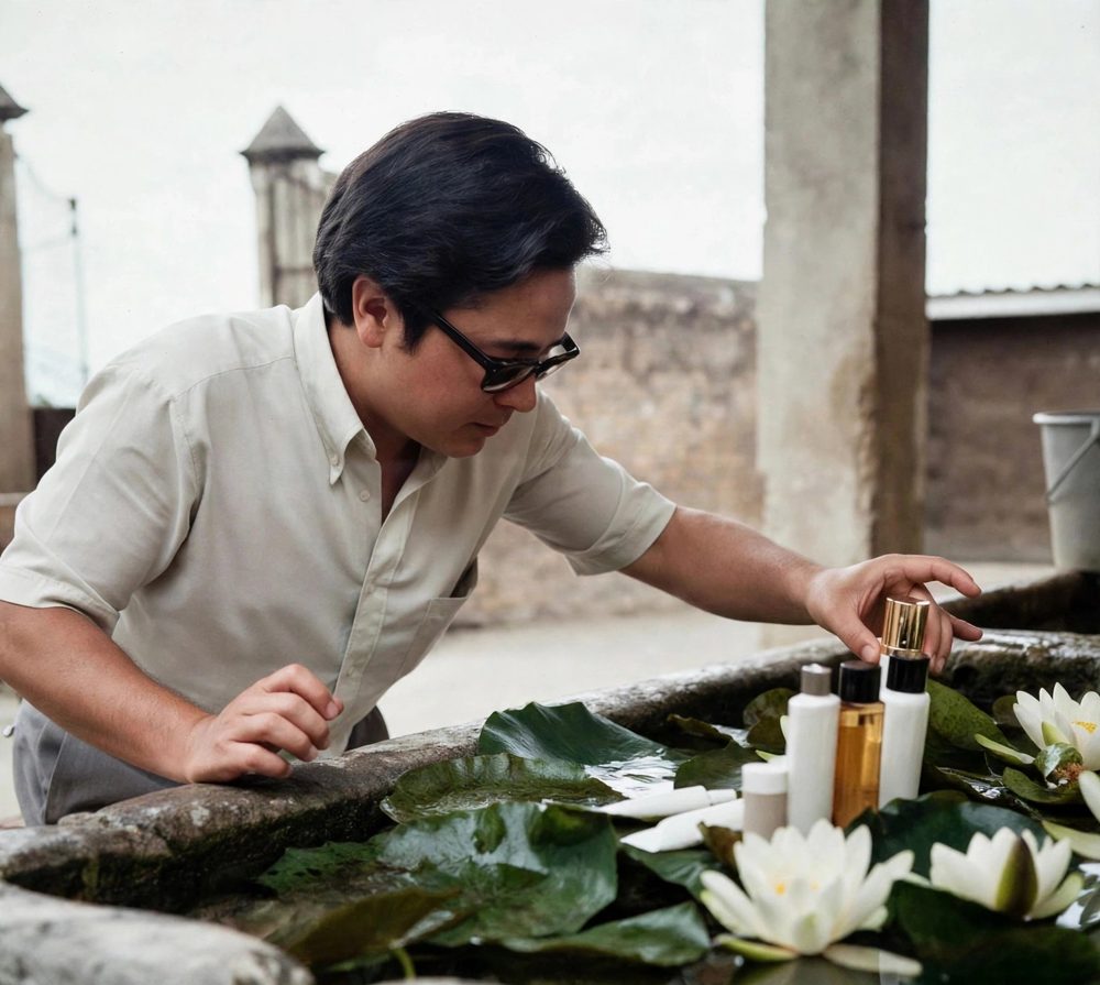 José Luis Gimeno joven, con gafas de pasta y camisa clara, colocando frascos de cosmética Roc entre nenúfares en una pila de piedra