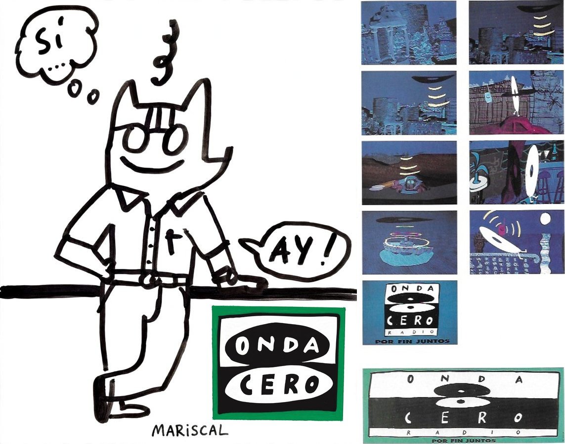 Caricatura a rotulador de José Luis Gimeno con gafas redondas, apoyado en una barra, pensando «Sí…» y diciendo «¡Ay!», firmada por Mariscal, junto al logotipo de Onda Cero, y a su derecha el storyboard del spot de Onda Cero con el lema «Por fin juntos»