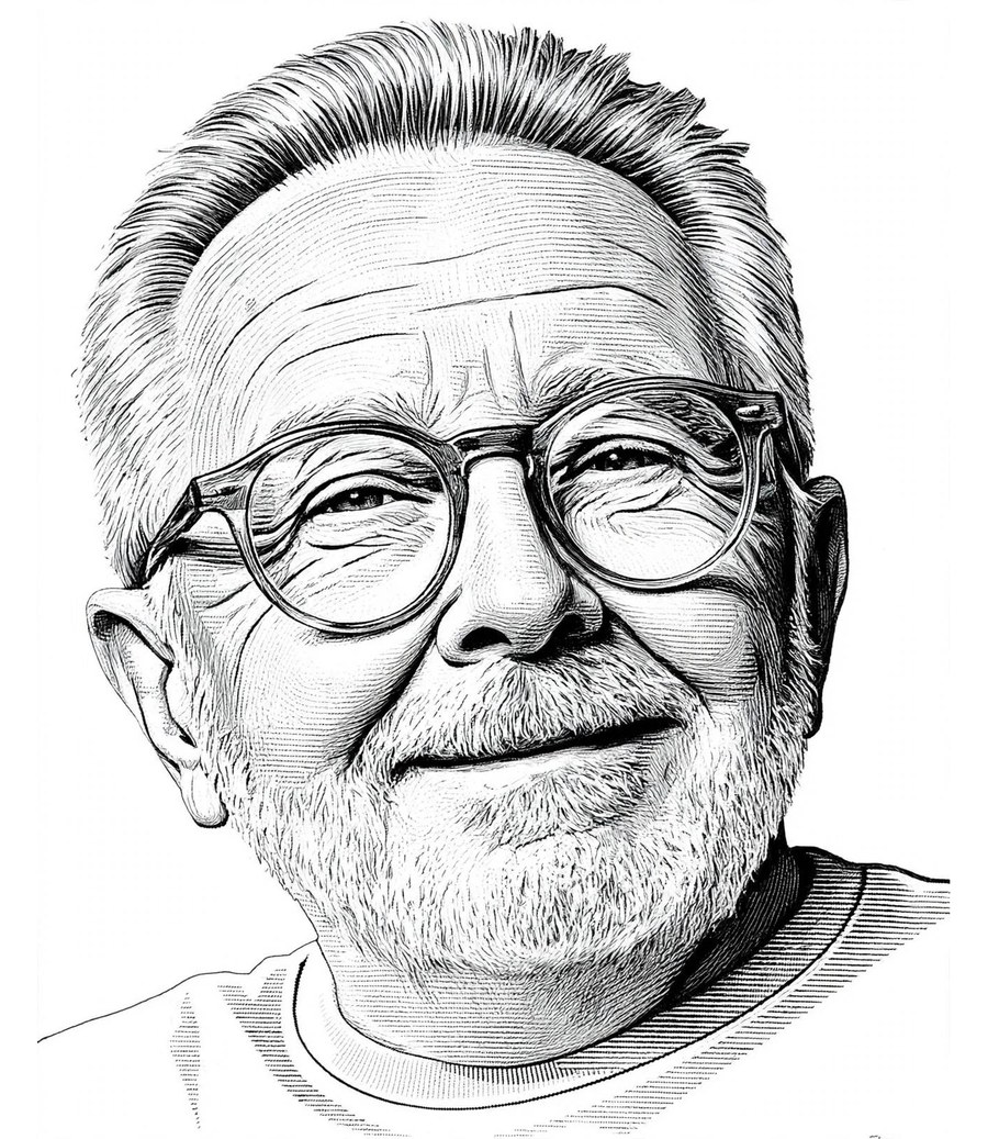 Retrato a plumilla de José Luis Gimeno en la actualidad, sonriendo, con barba y gafas redondas