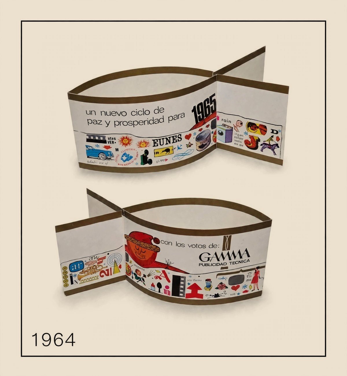 Tarjeta de felicitación de 1964 en forma de pez, plegada, con la leyenda «un nuevo ciclo de paz y prosperidad para 1965» y «con los votos de Gamma Publicidad Técnica», con ilustraciones de colores
